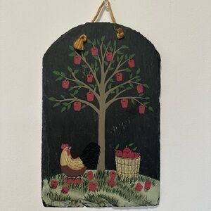 Rustic Hand Painted Rooster and Apple Tree Slate Wall Decor